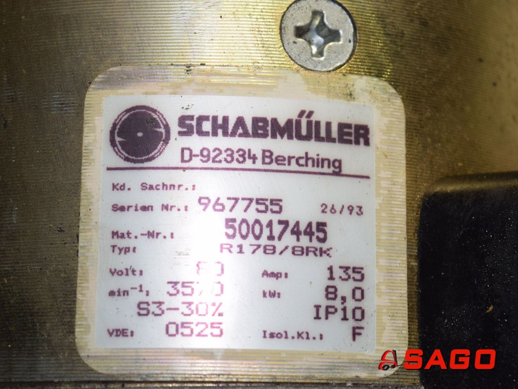 Kalmar Silniki elektryczne i części do silników - Typ: SCHABMULLER D-92334 Berching serirn nr 967755 Mat.nr-50017445 R178/8RK  80V  135A 3570min-1 8Kw