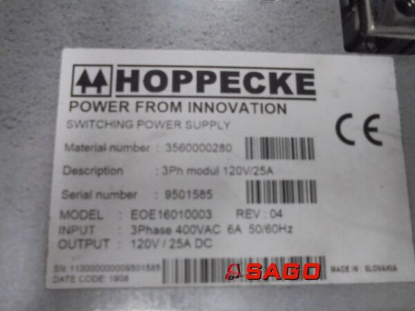 Hoppecke Elektryka - Typ: POWER SUPPLY 3560000280 KALMAR J08049.0100 3PH MODUL 120V/25A 9501585 EOE160100003 400VAC SWITCHING POWER SUPPLY