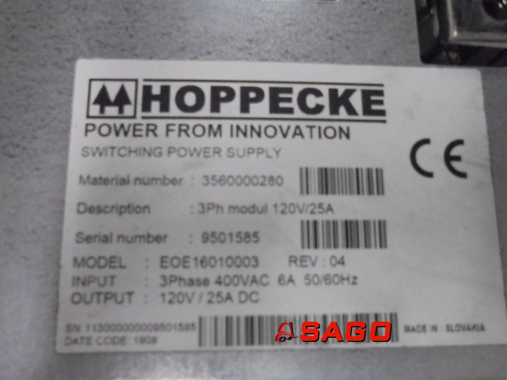 Hoppecke Elektryka - Typ: POWER SUPPLY 3560000280 KALMAR J08049.0100 3PH MODUL 120V/25A 9501585 EOE160100003 400VAC SWITCHING POWER SUPPLY